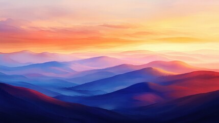 Obraz premium dramatic sky over rolling hills, sun breaking through clouds, vibrant colors at sunset, peaceful landscape with layers of mountains, breathtaking countryside