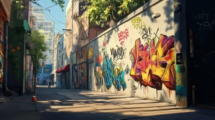 Obraz premium urban street with colorful graffiti, vibrant and detailed, artistic atmosphere, bright city scene
