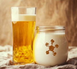 Refreshing Beverage Combination Glass of Lager and Creamy Dairy Delight in Jar with Molecule