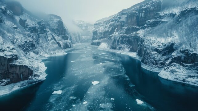 A frozen river flows through a dramatic canyon, bordered by steep, snow covered cliffs. Mist hangs in the air, creating a serene winter atmosphere in the valley.