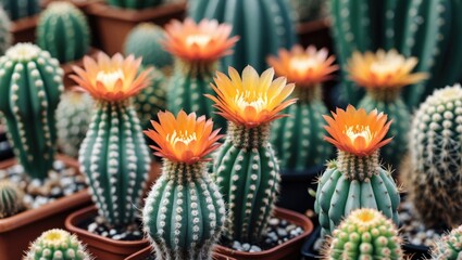 Fototapeta premium Close-up of blooming cacti with bright orange and yellow flowers in pots against a blurred background of green cacti Copy Space