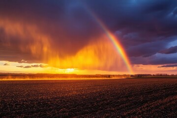Fototapeta premium modern irrigation system silhouetted against dramatic sunset sky, water droplets creating rainbow effects, vast agricultural field stretches to horizon