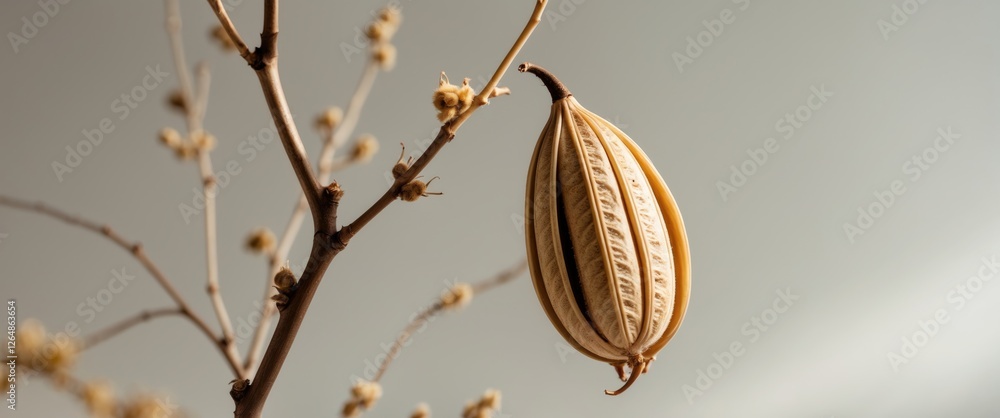 Poster dry seed pod hanging from a branch with a blurred background in natural light copy space