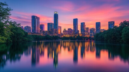 Obraz premium city skyline at golden hour, tall buildings mirrored in river, vibrant colors in sky, peaceful and inspiring atmosphere, warm evening glow