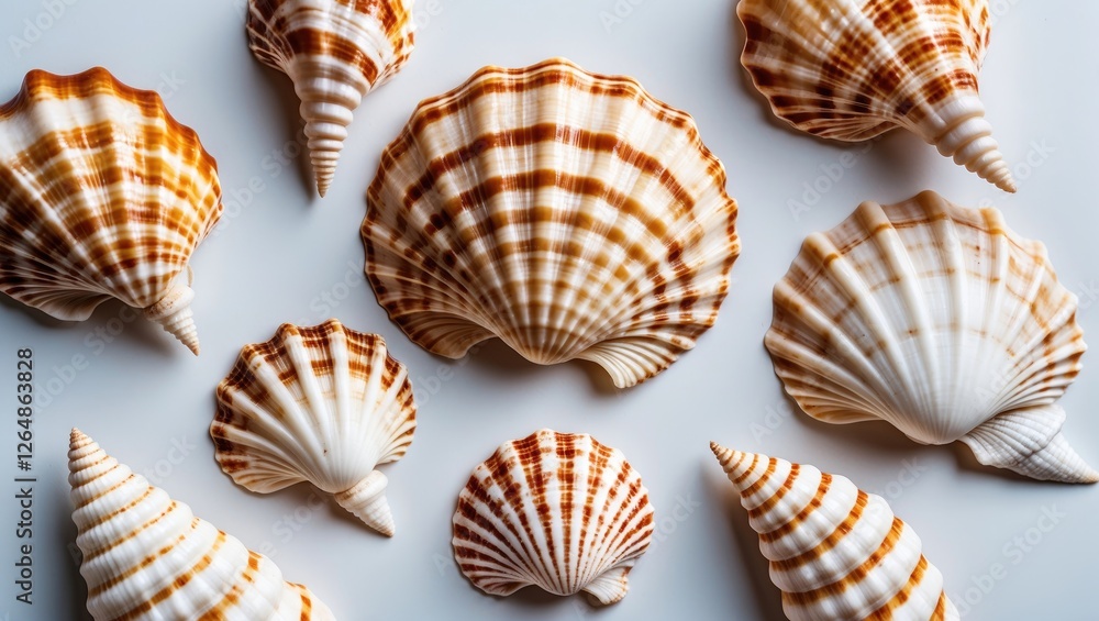 Aufkleber collection of various sea shells with intricate patterns and textures arranged on a light background