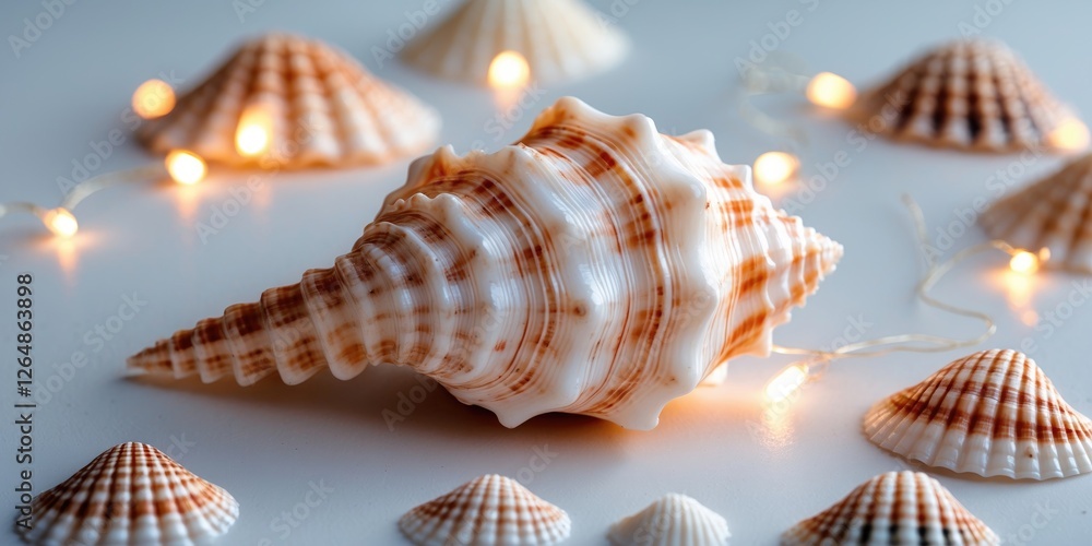 Poster collection of seashells arranged artistically with warm fairy lights in a soft, diffused light setti