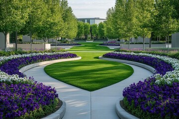 modern landscape design with emerald green manicured lawn, curved flowerbeds filled with purple and white blooms, perfect symmetry