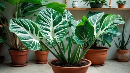 Fototapeta premium Indoor plants with large green and white patterned leaves in clay pots arranged in a bright environment with natural light. Copy Space