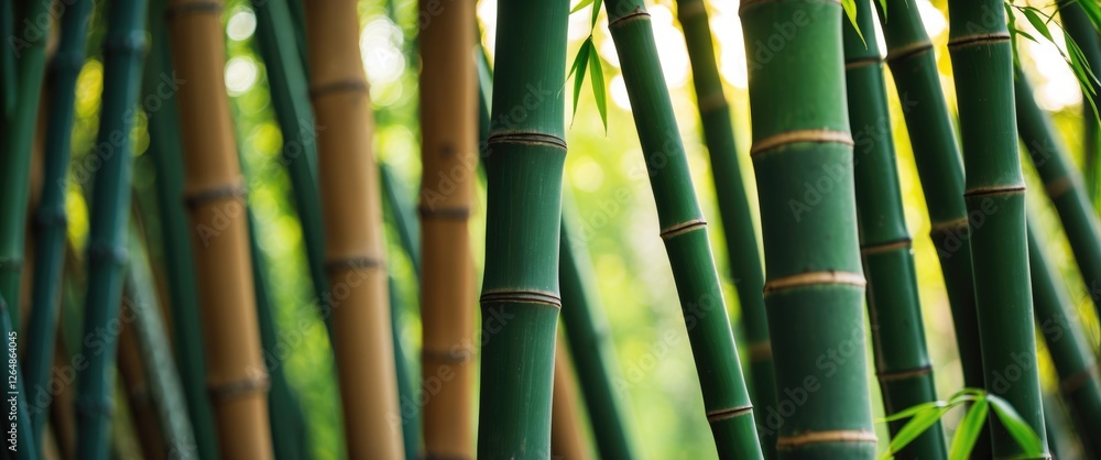 Poster bamboo stalks in a dense forest setting with sunlight filtering through the leaves creating a natura