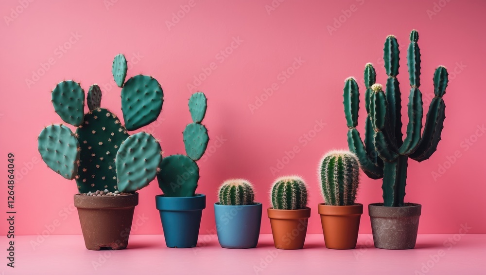 Poster colorful assortment of cacti in pots against a pink background with copy space for text placement