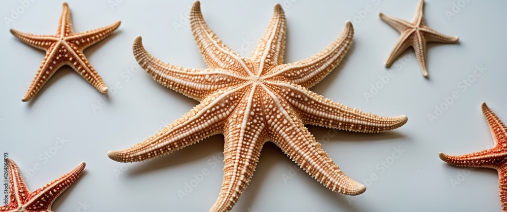 Poster starfish cluster on white background showcasing various sizes and patterns copy space