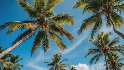 Tropical palm trees against a clear blue sky with clouds and sunlight illuminating the leaves Copy Space