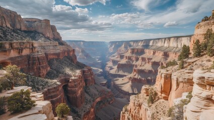 Naklejka premium Grand Canyon landscape with cliffs, valleys, and colorful rock formations under a cloudy sky showcasing natural beauty and Copy Space