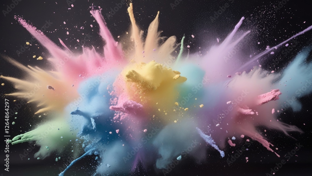 Poster colorful powdered pigments exploding in different directions against a dark background with vibrant 