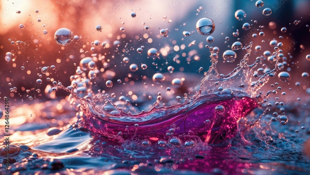 Poster colorful water splash with bubbles in a dynamic motion against a blurred background during sunset wi