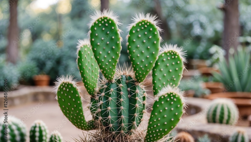 Poster cactus plant with distinct flat pads and spines in a garden setting with blurred background and natu