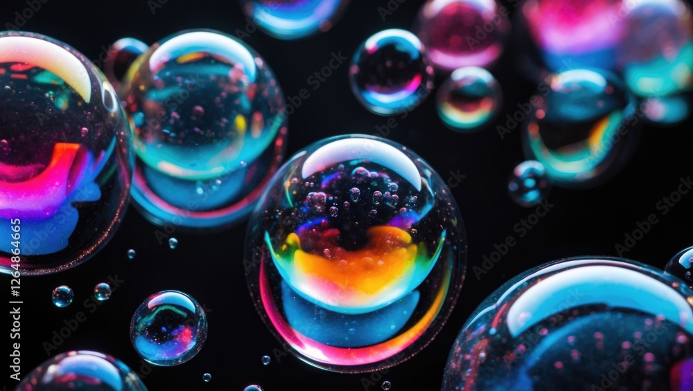 Poster colorful soap bubbles with iridescent reflections and black background creating a visually striking 