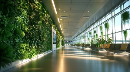 Serene Airport Corridor: Lush Vertical Garden, Modern Seating, Sunlit Atmosphere