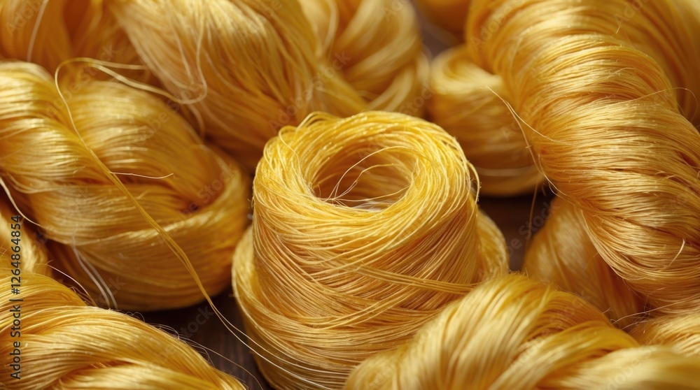 Poster golden silk threads arranged in coils on a textured surface with a focus on the sheen and texture of