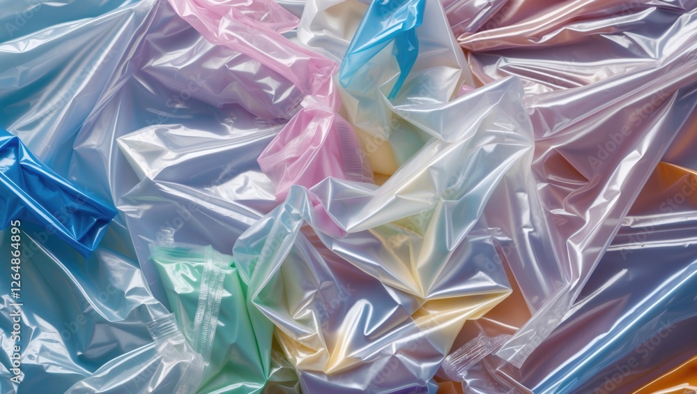 Poster colorful translucent plastic sheets crumpled together creating abstract texture pattern with copy sp