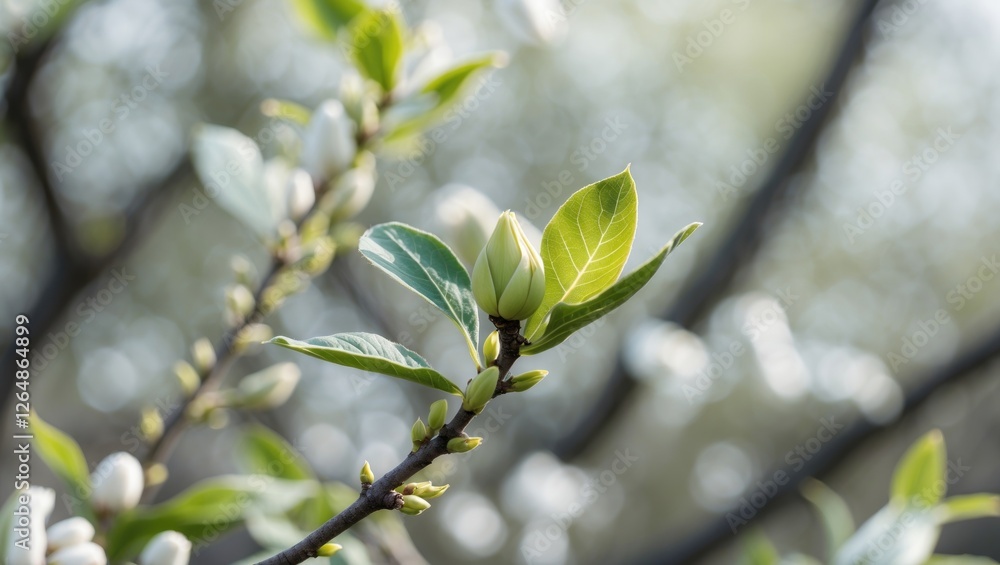 Poster magnolia tree branch with fresh leaves and buds in soft natural light with blurred background and co