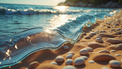 Close-up of ocean wave rolling onto sandy beach with pebbles under sunlight reflecting off water surface Copy Space