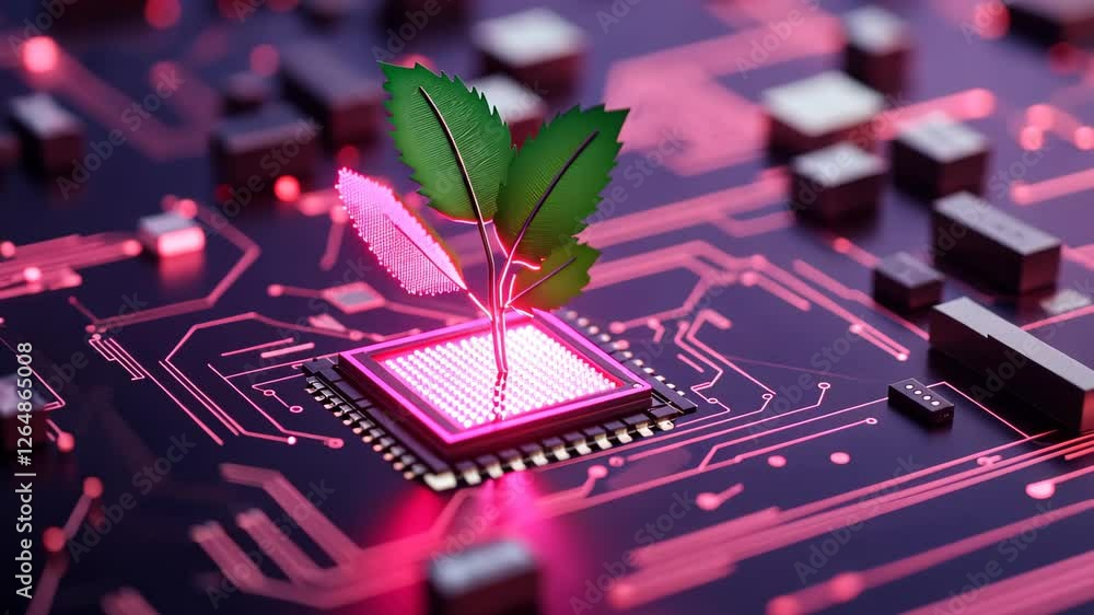 Aufkleber futuristic green technology concept with leaf and microchip on circuit board representing sustainabl