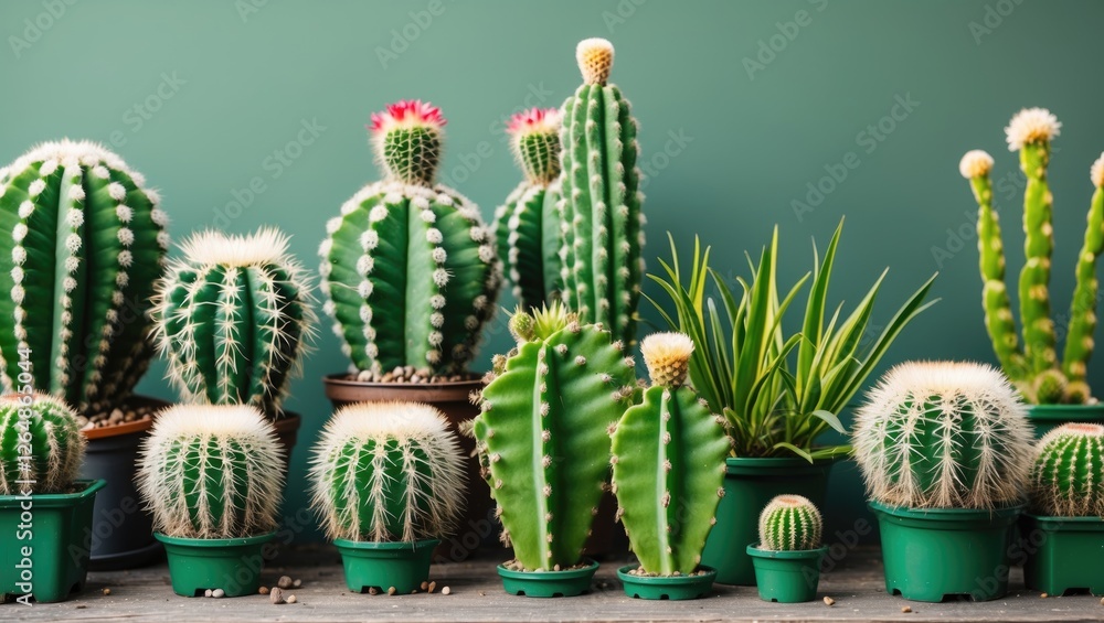 Poster green background with various decorative cacti and succulents in pots arranged neatly with ample cop