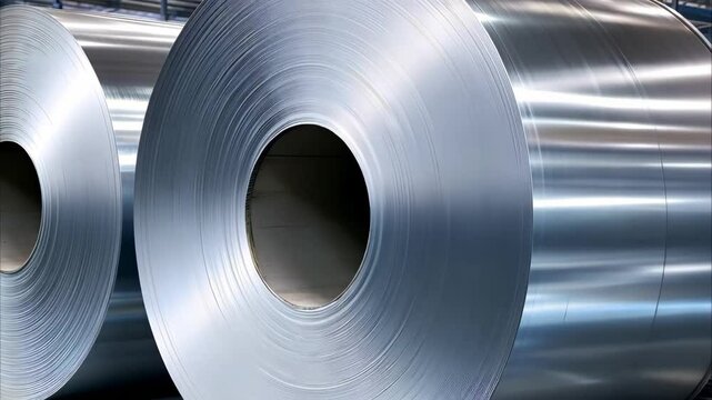 Two large rolls of shiny, metallic sheet metal or aluminum, typically used in manufacturing or construction.