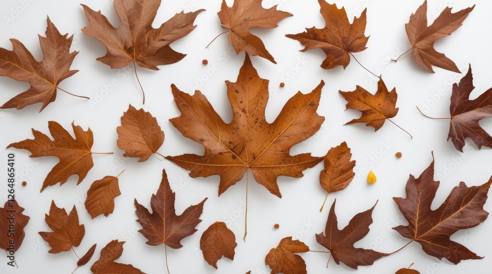 Poster dried autumn leaves arranged on a white background with varying sizes and shapes creating a natural 