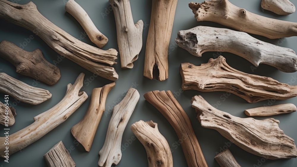 Aufkleber assorted driftwood sticks and pieces on gray surface with natural textures and patterns suitable for