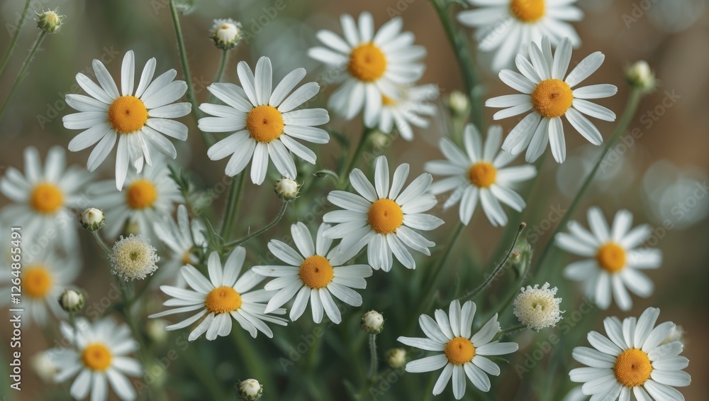 Aufkleber daisies with white petals and yellow centers in a natural setting with soft blurred background and c