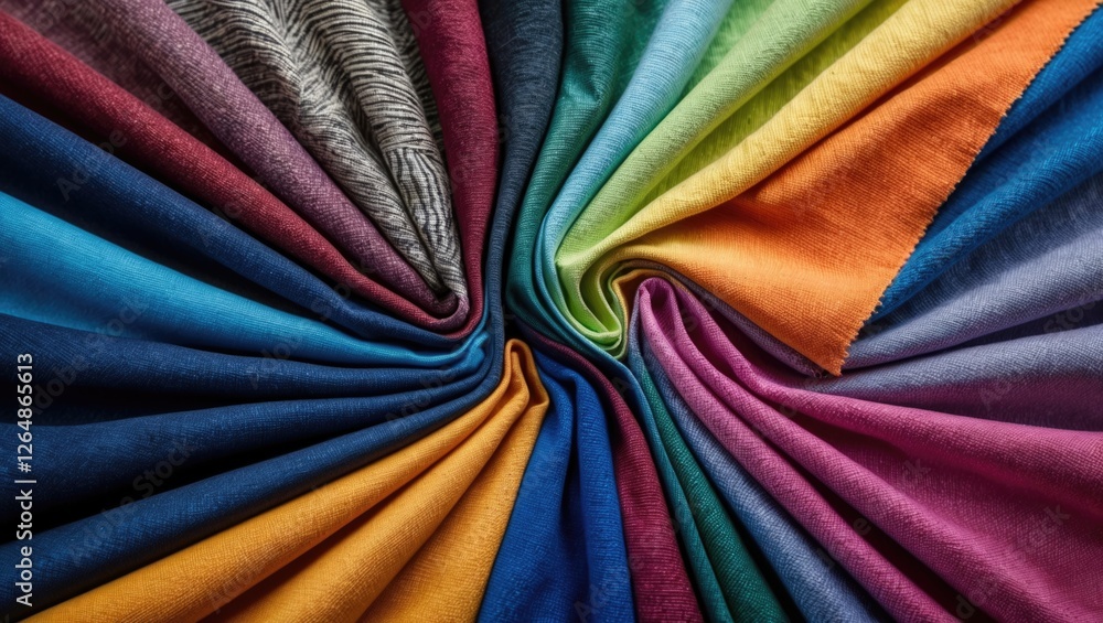 Poster colorful textile fabric swatches arranged in a circular pattern showcasing various textures and hues