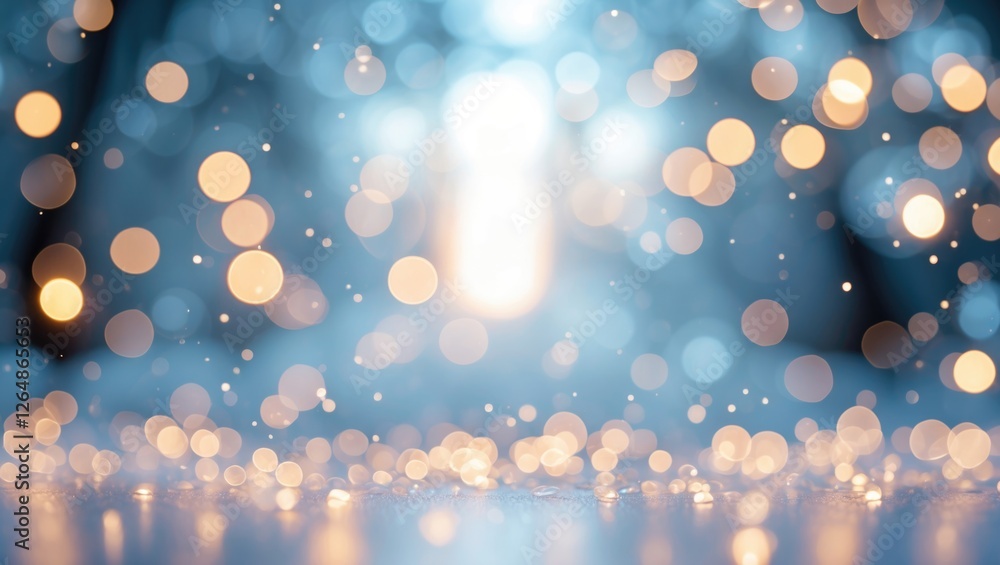 Poster abstract background with blurred blue bokeh lights and glowing circles with soft reflections on surf
