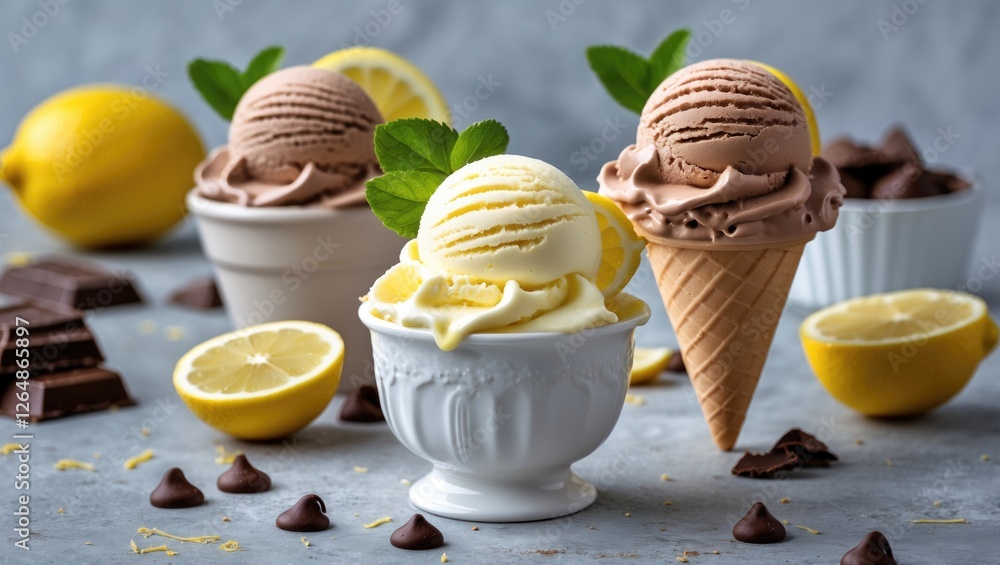 Poster three scoops of ice cream in bowls and a cone surrounded by lemon halves and chocolate pieces on a g