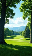 Obraz premium Mature trees frame a manicured fairway, distant hills, photo, grass