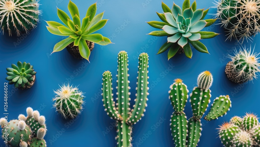 Poster assorted cacti and succulents arranged on a blue background with ample copy space for text placement