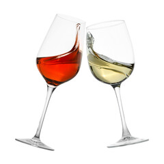 Glasses of splashing wine isolated on white