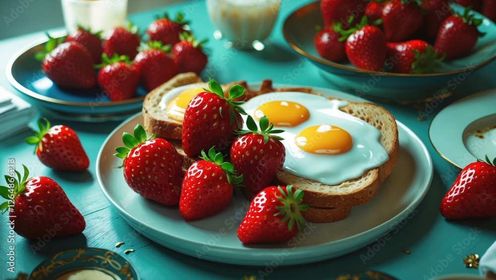 Aufkleber breakfast table with toasted bread topped with fried eggs and fresh strawberries on a turquoise surf