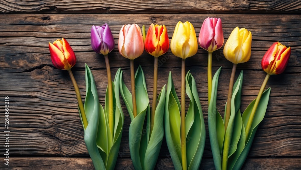 Poster colorful tulips arranged in a row on rustic wooden background with greenery and copy space for text
