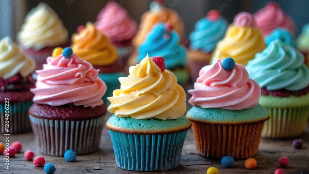 Poster colorful array of decorated cupcakes with frosting and sprinkles on wooden background copy space
