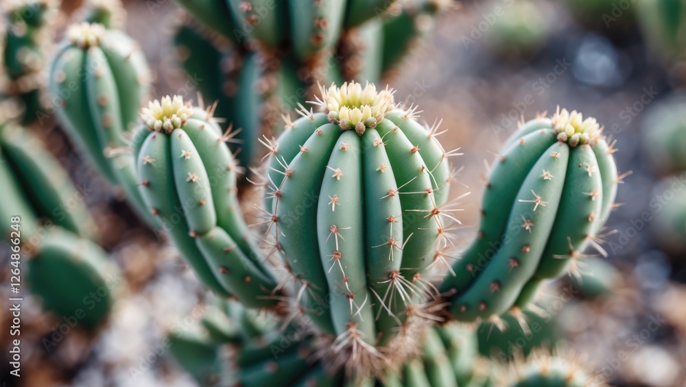 Poster close-up of a green cactus with multiple arms and spines against a blurred background with copy spac