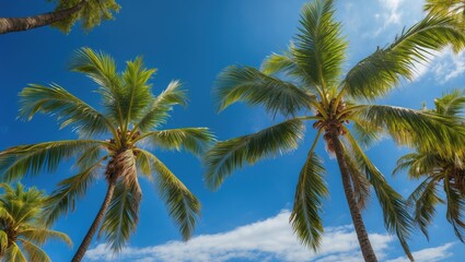 Fototapeta premium Palm trees against a bright blue sky with fluffy clouds providing a tropical and summery feel with ample Copy Space.