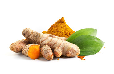 Turmeric powder, fresh root and green leaves isolated on white