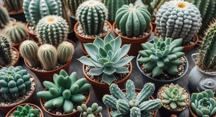 Variety of indoor cacti and succulents in terracotta pots arranged on flat surface with focus on different textures and colors Copy Space