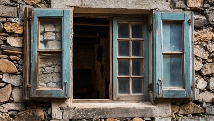 Old rustic window with wooden shutters and stone wall details showcasing vintage architecture and natural textures Copy Space