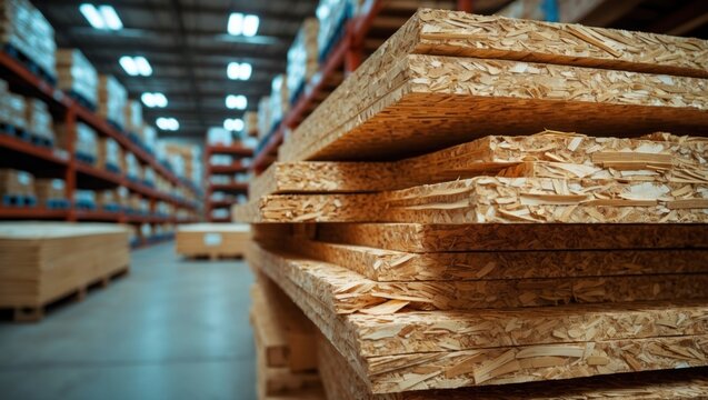 Stacked oriented strand boards in a wood supply warehouse with blurred background and ample copy space available