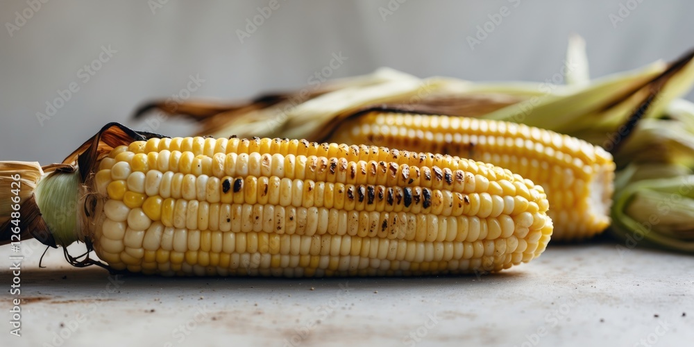 Poster grilled corn on the cob with charred kernels and husks on a rustic surface with natural lighting cop