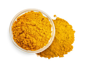 Turmeric powder isolated on white, top view. Aromatic spice