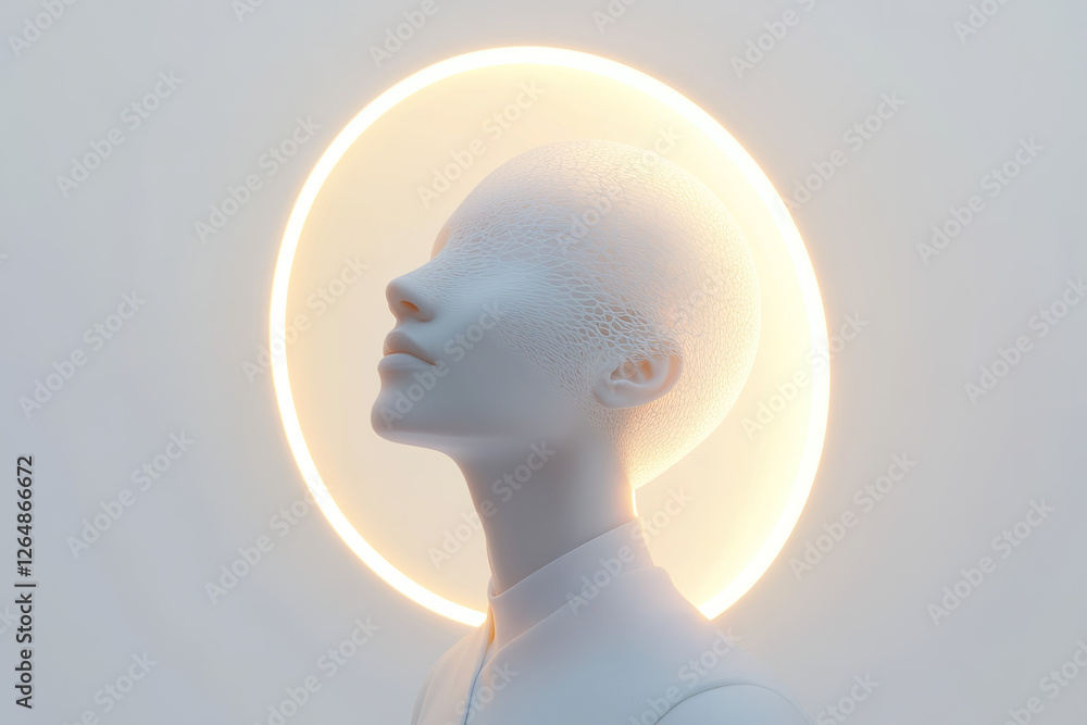 Poster elegant futuristic sculpture with an illuminated halo and serene expression in a minimalist setting
